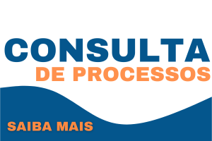 arte nas cores azul, laranja e branco com texto "Consulta Processos, saiba mais"